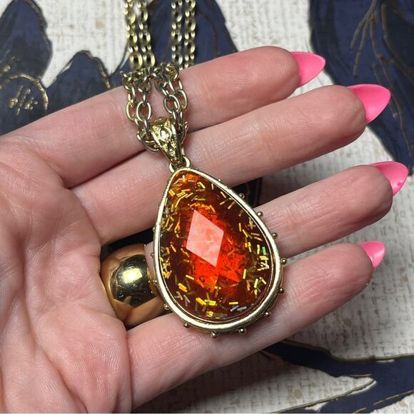Vintage GEORGE Large Oversized Gold Tone and Amber Confetti Pendant Necklace D2 - Picture 2 of 12